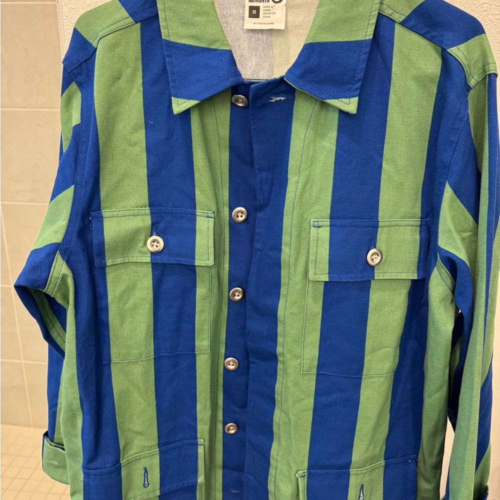 Blue and Green Striped Button-Up Shirt
